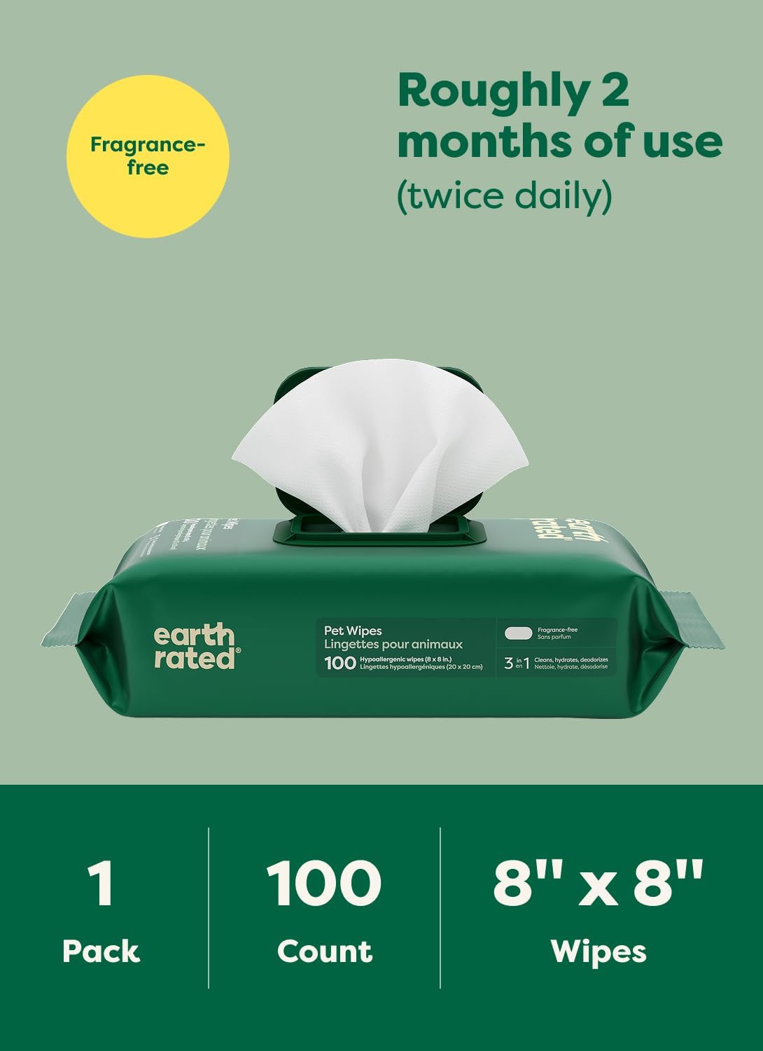 Earth Rated Dog Wipes, Hypoallergenic, Cleaning and Hydrating, for Grooming Paws, Body and Butt, Lavender Scented, 400 Count