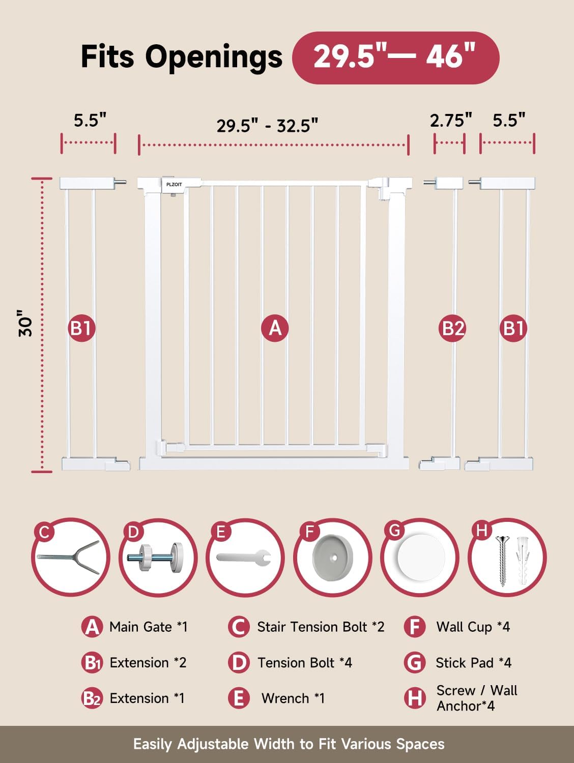 29.5-40.5" Baby Gate for Stairs, Dog Gate for Doorways, Walk Thru Auto Close Metal Baby Safety Gate for The House, Stairs and Doorways, Child Gate Pressure Mounted, Pet Gate for Dog Indoor - Black