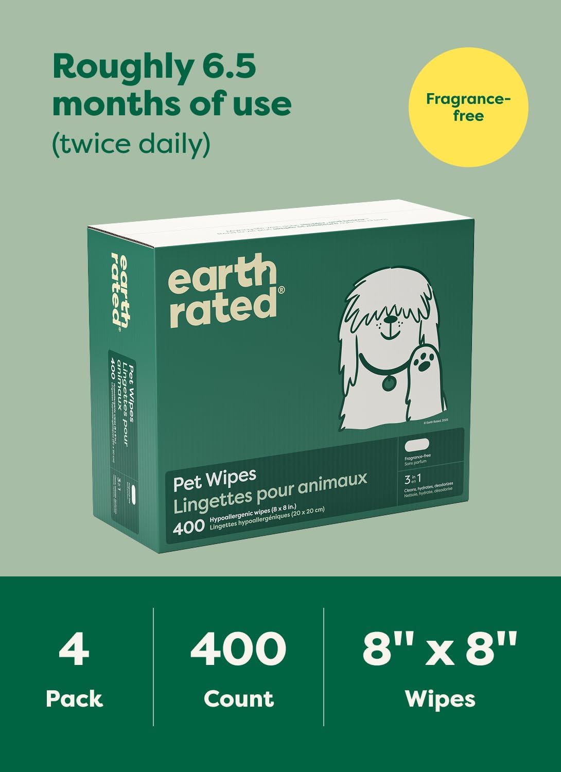 Earth Rated Dog Wipes, Hypoallergenic, Cleaning and Hydrating, for Grooming Paws, Body and Butt, Lavender Scented, 400 Count