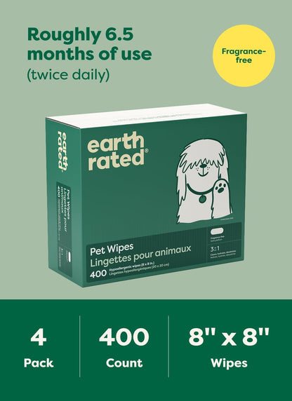 Earth Rated Dog Wipes, Hypoallergenic, Cleaning and Hydrating, for Grooming Paws, Body and Butt, Lavender Scented, 400 Count