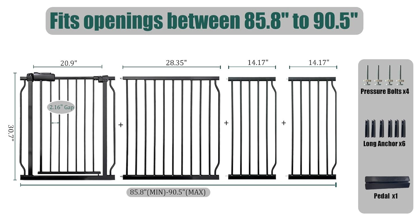 Extra Wide Baby Gate 85.8-90.5" Dog Gate Indoor Pressure Mounted No Drill Safety Gate for Large Entries, Kitchen,Stairs & Doorways, Black Metal Indoor Pet Gate for Kids & Dogs