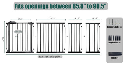 Extra Wide Baby Gate 85.8-90.5" Dog Gate Indoor Pressure Mounted No Drill Safety Gate for Large Entries, Kitchen,Stairs & Doorways, Black Metal Indoor Pet Gate for Kids & Dogs