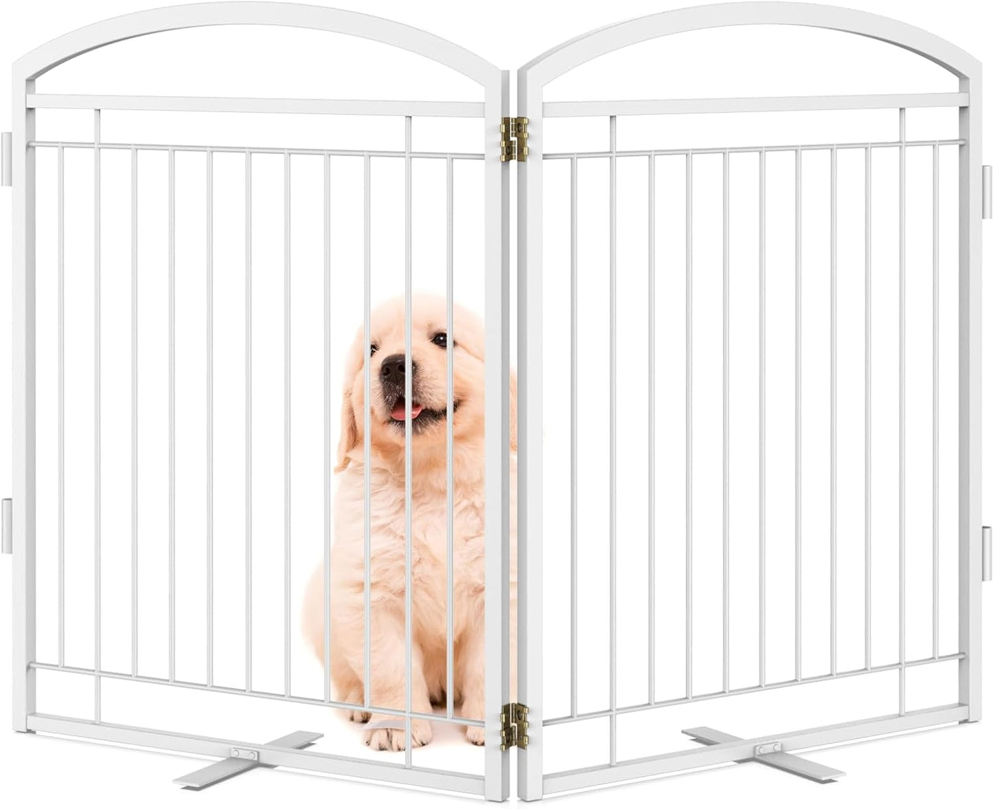 Full Metal Free Standing Dog Gate with Door for Indoor & Outdoor,96'' Extra Wide 32'' Tall Dog Gate for The Doorways,Large Openings,Decks,Porch,Pet Freestanding Safety Fence(4 Panels,Black)