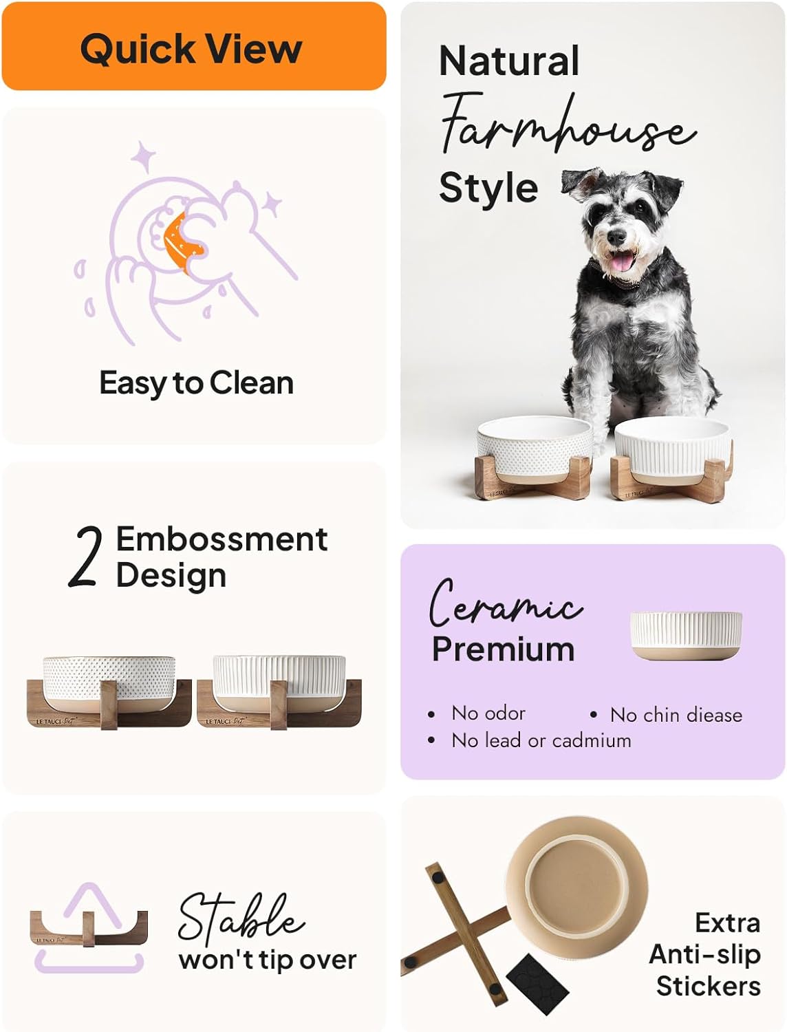 LE TAUCI PET Ceramic Dog and Cat Bowl Set with Acacia Wood Stand - 2 Cup Weighted Non-Slip Food and Water Bowls for Small Dogs & Cats, Lines + Dot
