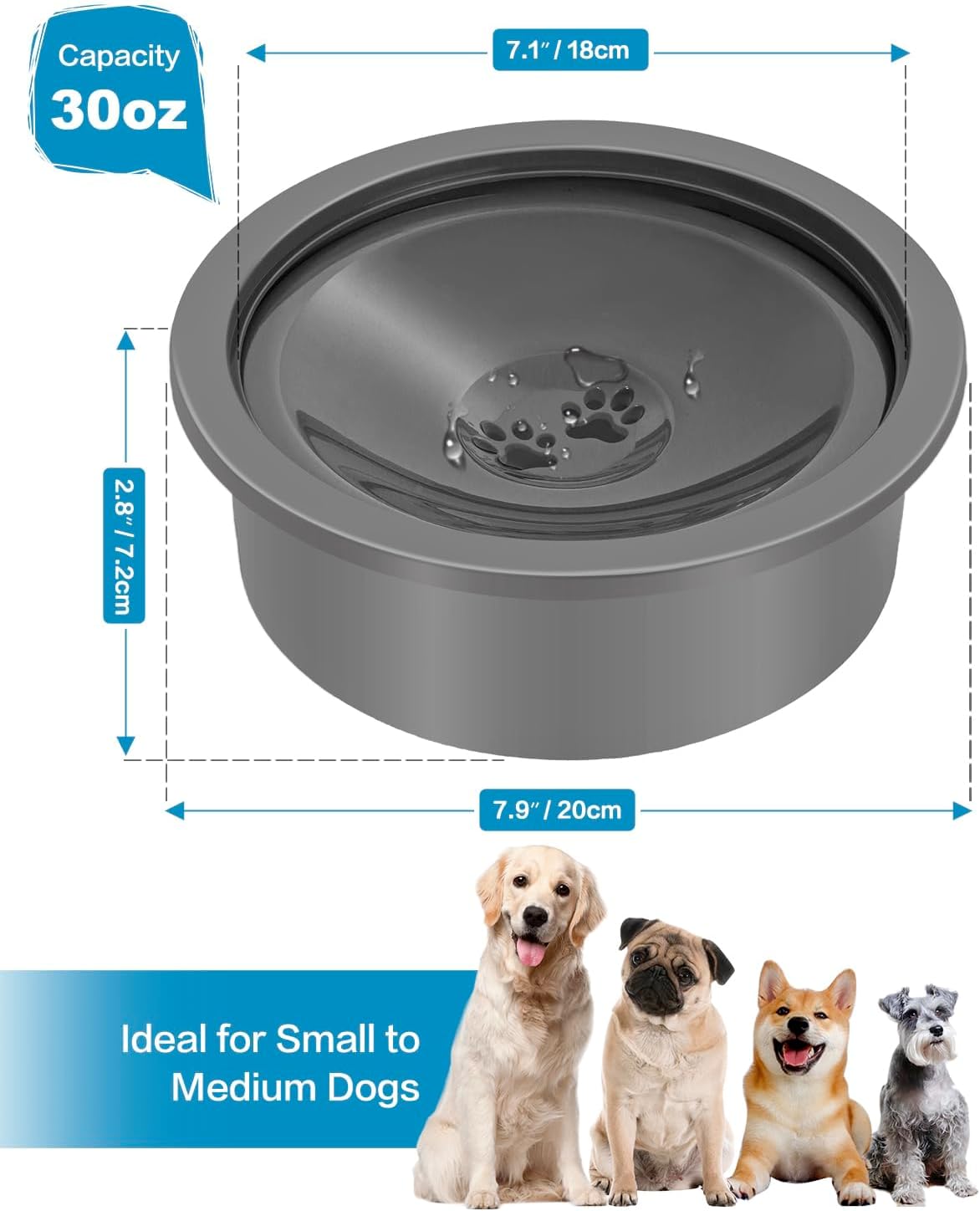 No Spill Water Bowl for Dogs, 30oz Slow Drinking Dog Slobber Stopper, Non Spilling Messy Splash or Drip