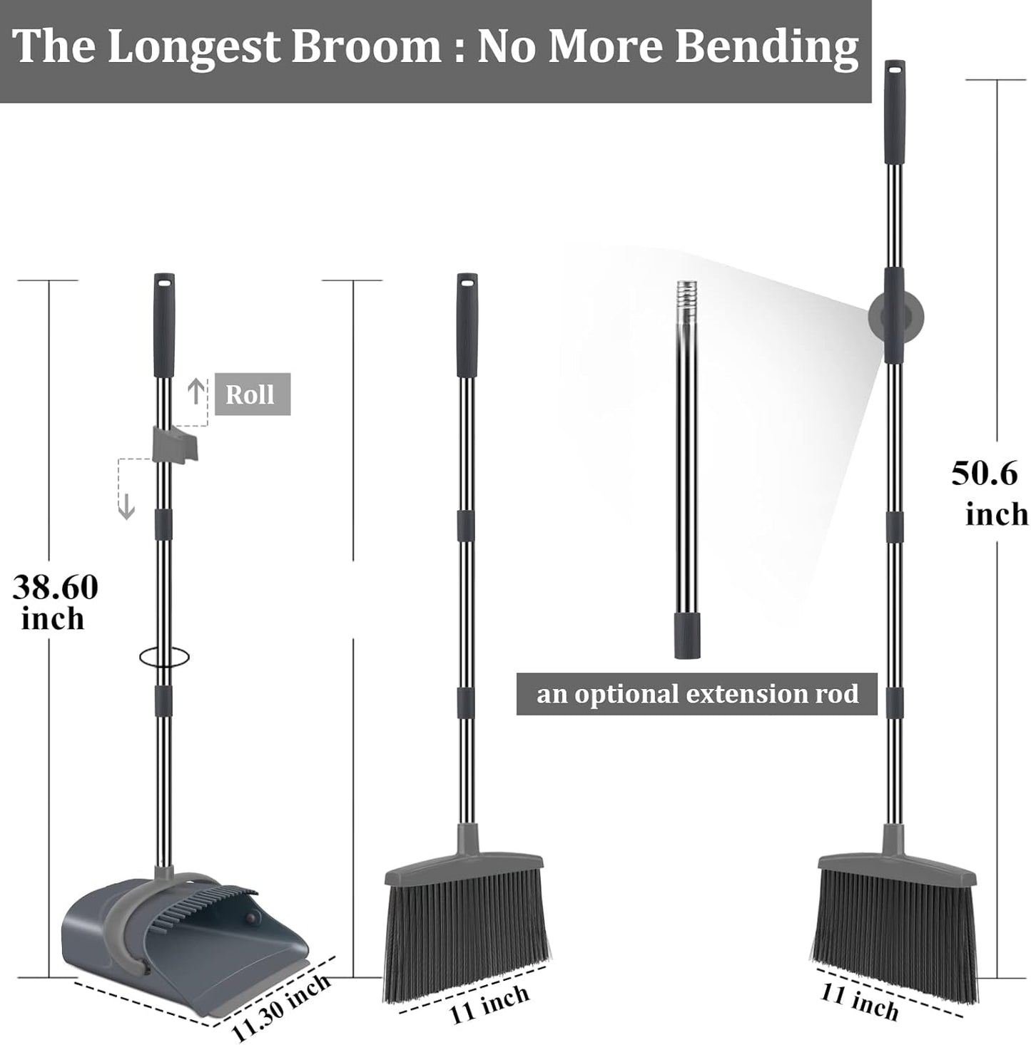 Ivandar Broom with Dustpan Combo Set, 50.6 inch Long Handle, Upright Standing Broom and Dustpan Set Quiet Cleaning Tool Sweep the Floor Dust pan Removes 4 Times More Pet Hair(Brown and Gray)
