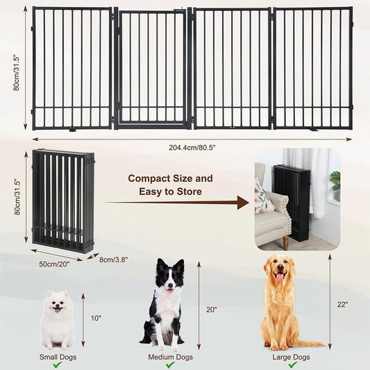 Metal Freestanding Dog Gate with Door, Extra Wide 81", 31" Height Foldable Dog Gates for Doorways, Tall Pet Fence Indoor Pet Gates, 4 Panels Pet Barrier for Stairs Hallways, Black