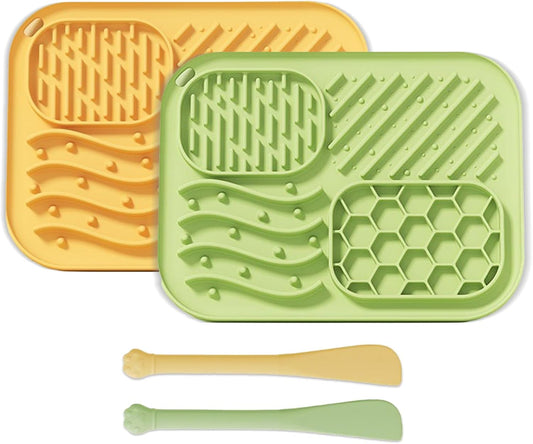 Dog Lick Mat with Suction Cups–Silicone Slow Feeder Mat for Cats & Dogs – Anxiety Relief for Bathing,Grooming,Vet Visits – Peanut Butter Licking Pad,Dishwasher Safe(2-Pack) (Green & Yellow)