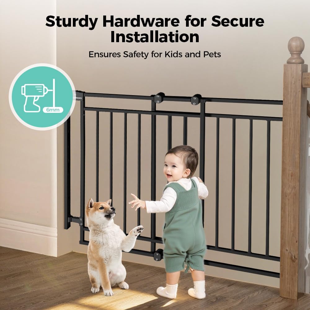 COMOMY 27.5-43" Baby Gate No Bottom Bar for Stairs and Doorways, 2-in-1 Auto Close Dog Gate Indoor for the House, Hardware Mounted Pet Gate with Large Walk Thru Door, Child Safety Gate for Dogs, Black