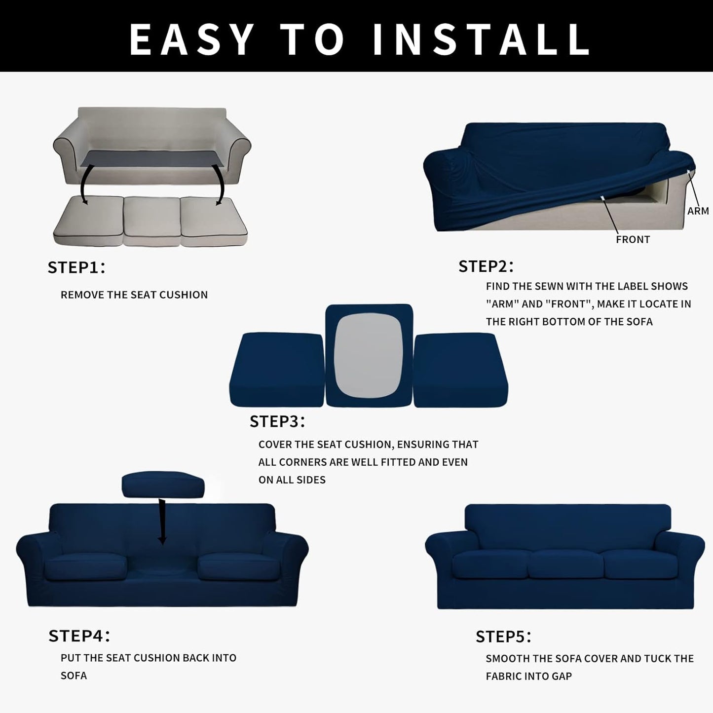 Easy-Going 100% Dual Waterproof 4 Pieces Stretch Soft Couch Cover for Dogs, Sofa Slipcover for 3 Separate Cushion Couch Leakproof Furniture Protector for Kids, Pets Dark Gray