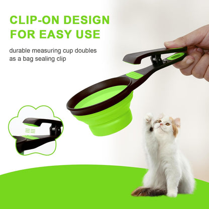 Collapsible Silicone Dog Food Scoop Foldable Pet Food Measuring Cup with Bag Clip 3 in 1 Multi-Function Silicone Dog Food Scooper (Rose Red, Medium)