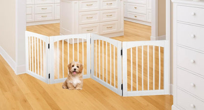 Tabago 4-Panel Foldable Freestanding Wooden Pet Gate 24"x20" – Expands up to 80", White & Natural Dog Gate for Small Pets, Stylish Indoor Barrier for Doorways & Hallways (Brown, 24" H x 80" W)
