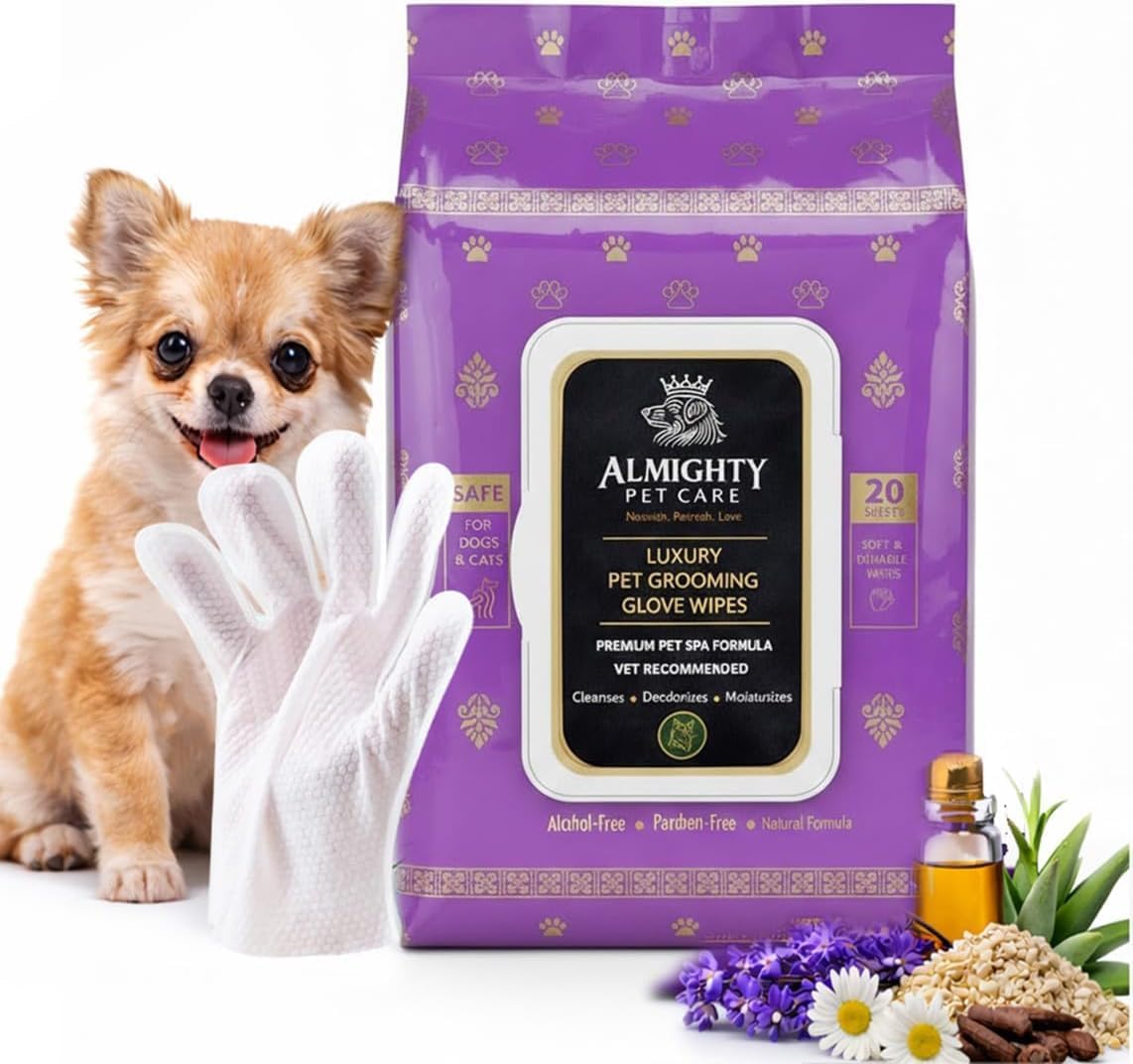 Premium Pet Grooming Glove Wipes for Dogs & Cats, 3X Thick No-Rinse Bathing Gloves, Hypoallergenic Deodorizing Paw & Body Cleaner, Natural Extracts to Hydrate & Nourish, 20 Count, Coconut Scent