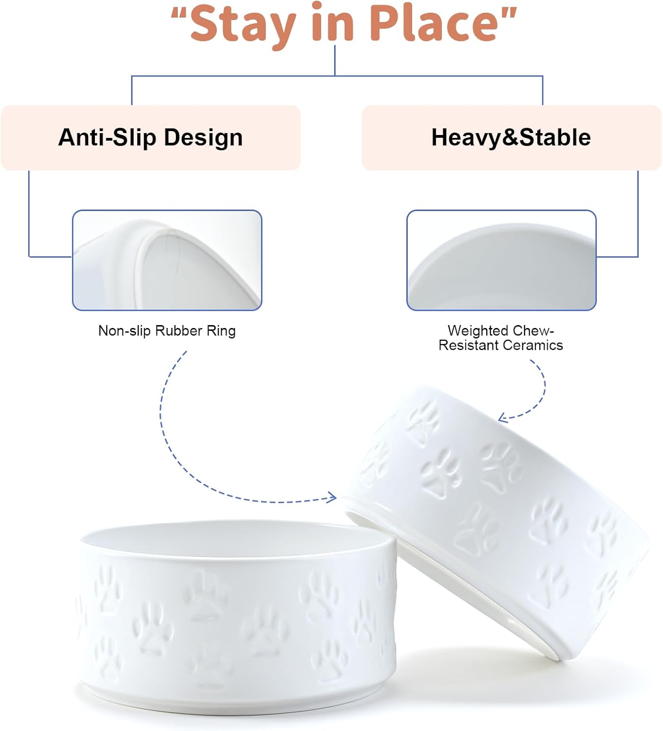 SPUNKYJUNKY Elevated Dog Bowls Ceramic, 6.1'' Dogs and Cat Food Water Bowls Raised with Non-Slip Bamboo Stand for Medium Sized Breed Microwave Dishwasher Safe - 28.7 OZ,Beige