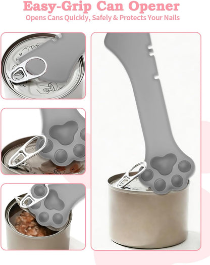 6 PCS Cat Food Can Covers Set, Reusable Silicone Can Lids with Opener, Stainless Steel Wet Food Spoon & Cat Treat Squeezer for Pet Feeding and Storage, Fits Cats & Dogs