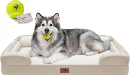 Extra Large Dog Bed, Orthopedic XL Washable Memory Foam Bed for Big Dogs Waterproof Pet Couch Sofa Bolster with Removable Cover, Non-Slip Bottom, Tennis Ball Toy, 42x30