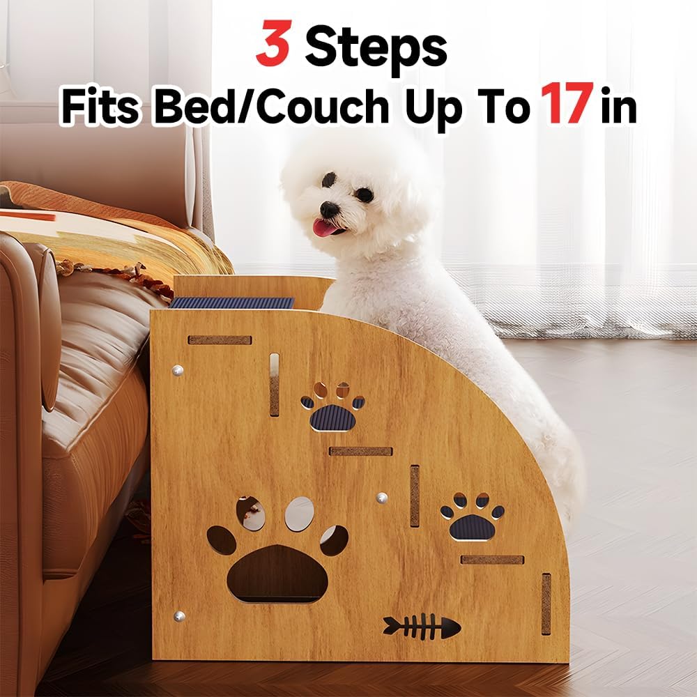 Pet Steps for Small Dogs,Wooden Cat Stairs for Old Cats,Doggy Dog Steps for Bed Couch Sofa Windows,3-Step Ladder, 16" L x 12" W x 14" H，Suitable for Height 14-17in