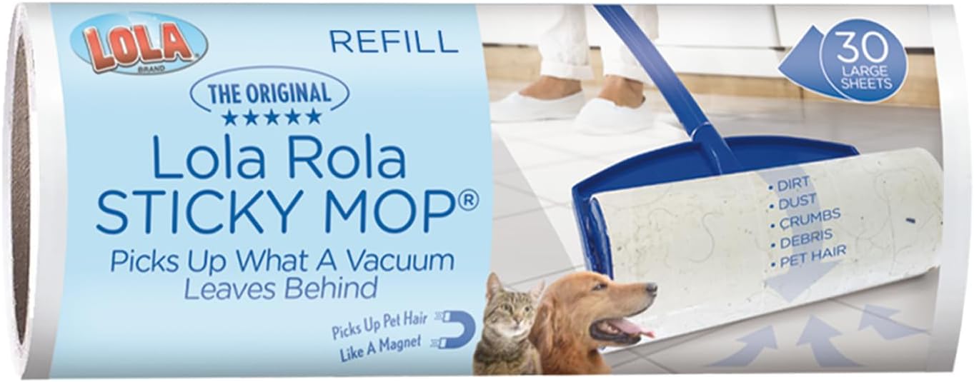 LOLA Rola PET Hair Remover Sticky Mop, Giant Floor Lint Roller, 9" x 3.5", Aluminum Handle, Largest Head, Traps Hair, Dust, Dirt, Extra Sticky Sheets