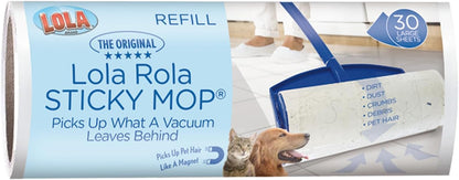 LOLA Rola PET Hair Remover Sticky Mop, Giant Floor Lint Roller, 9" x 3.5", Aluminum Handle, Largest Head, Traps Hair, Dust, Dirt, Extra Sticky Sheets