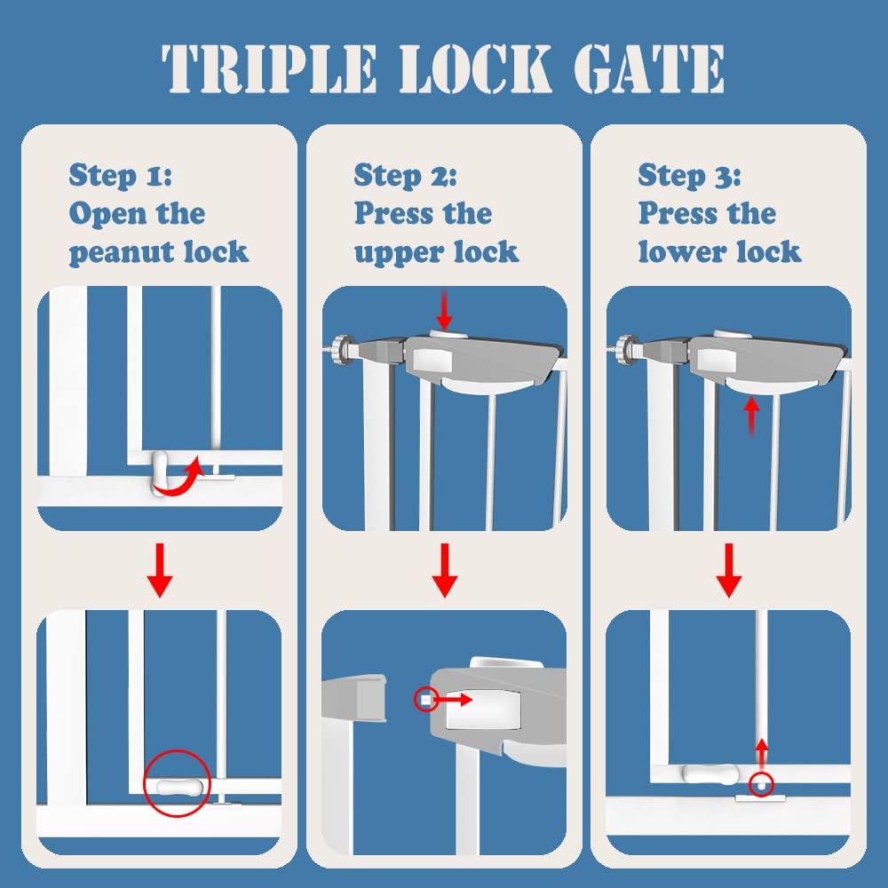 DEARBB Triple Lock Baby Gate for Stairs Doorways and House 31" to 86" Extra Wide Pressure Mounted Easy Walk Through Auto Close Safety Pet Gate White 49.21-67.32"