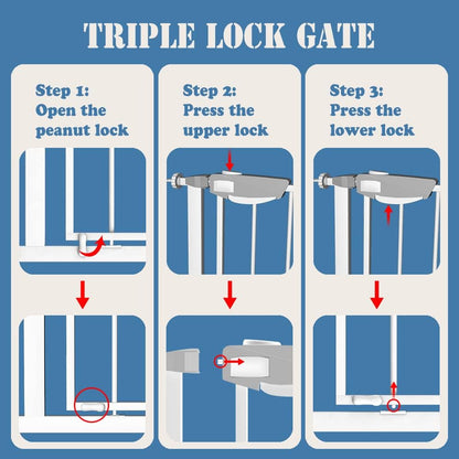 DEARBB Triple Lock Baby Gate for Stairs Doorways and House 31" to 86" Extra Wide Pressure Mounted Easy Walk Through Auto Close Safety Pet Gate White 49.21-67.32"