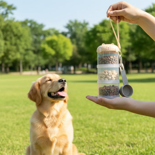 Dog Treat & Supplement Container, 3-Layer Stackable Pet Snack Organizer with Measuring Scoop, Portable Training Treat Holder for Walking, Travel & Daily Feeding, Airtight Pet Food Storage