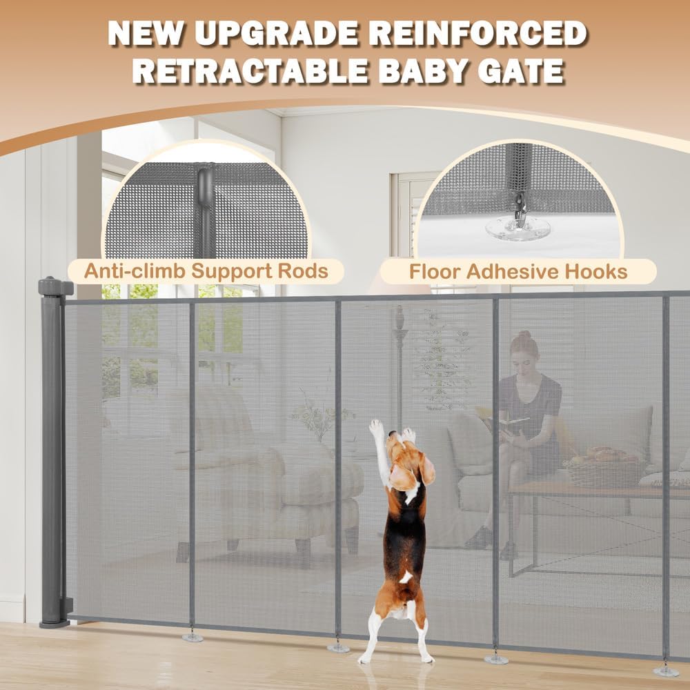 SMONTER Extra Wide Retractable Dog Gates, Mesh Baby Gate with Support Rods Extend to 118" Wide 33" Tall, Portable Safety Retractable Gate for Stairs, Indoor/Outdoor, Black