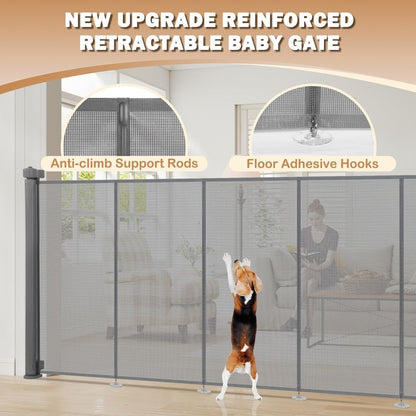 SMONTER Extra Wide Retractable Dog Gates, Mesh Baby Gate with Support Rods Extend to 118" Wide 33" Tall, Portable Safety Retractable Gate for Stairs, Indoor/Outdoor, Black
