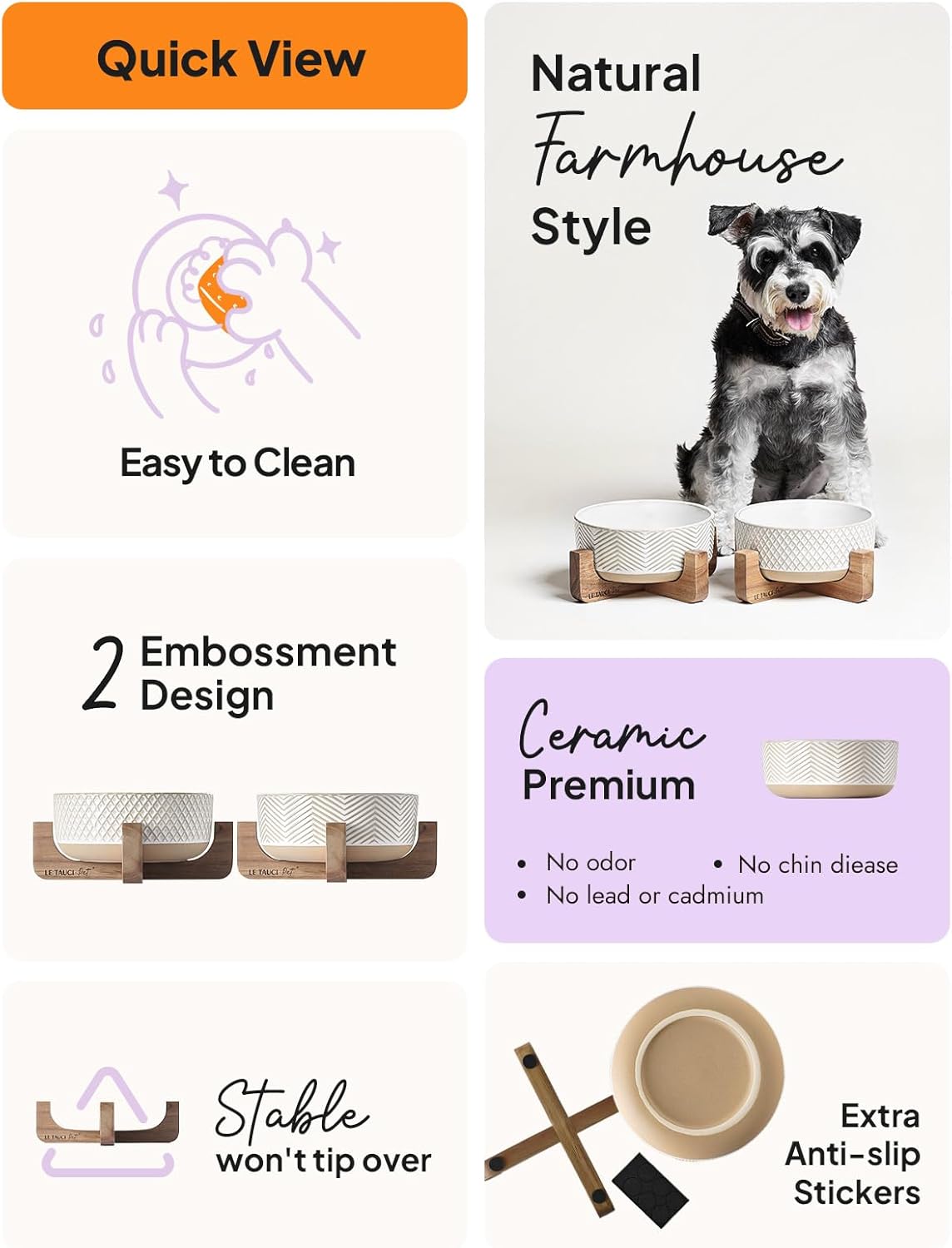 LE TAUCI PET Ceramic Dog and Cat Bowl Set with Acacia Wood Stand - 2 Cup Weighted Non-Slip Food and Water Bowls for Small Dogs & Cats, Lines + Dot