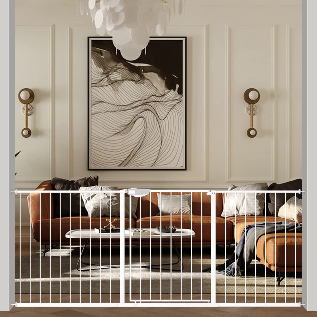 WAOWAO Triple Lock 49.21-66.54" Baby Gate Extra Wide Pressure Mounted Walk Through Swing Auto Close Safety Black Metal Dog Pet Puppy for Stairs,Doorways,Kitchen