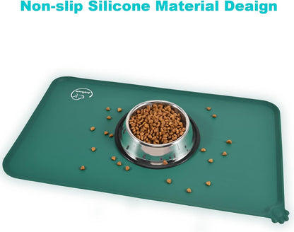 Silicone Waterproof Dog Cat Pet Feeding Mats, Non Slip, Easy Clean Pet Dog Cat Bowl Mats Placemat (18.5" x 11.5") Green