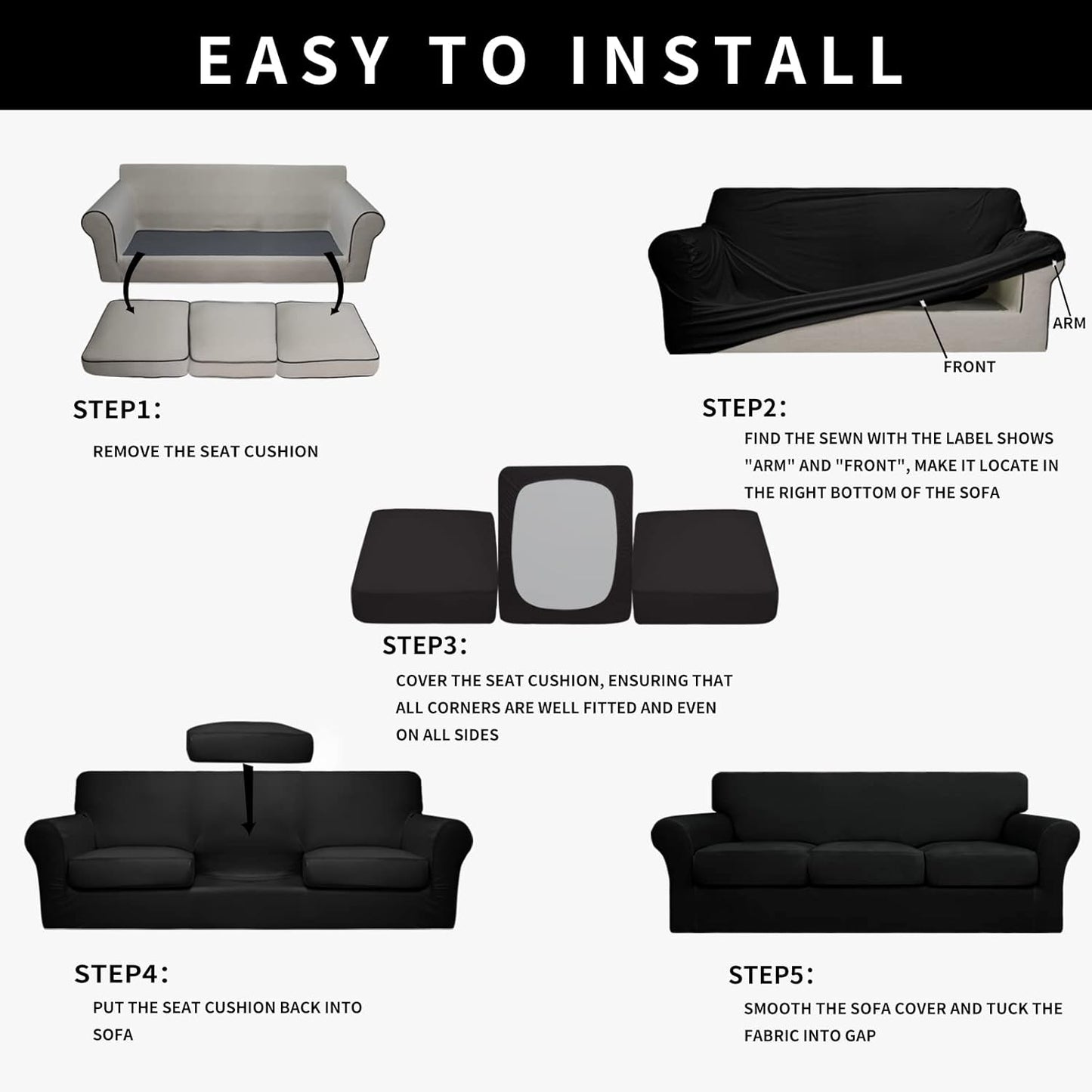 Easy-Going 100% Dual Waterproof 4 Pieces Stretch Soft Couch Cover for Dogs, Sofa Slipcover for 3 Separate Cushion Couch Leakproof Furniture Protector for Kids, Pets Dark Gray