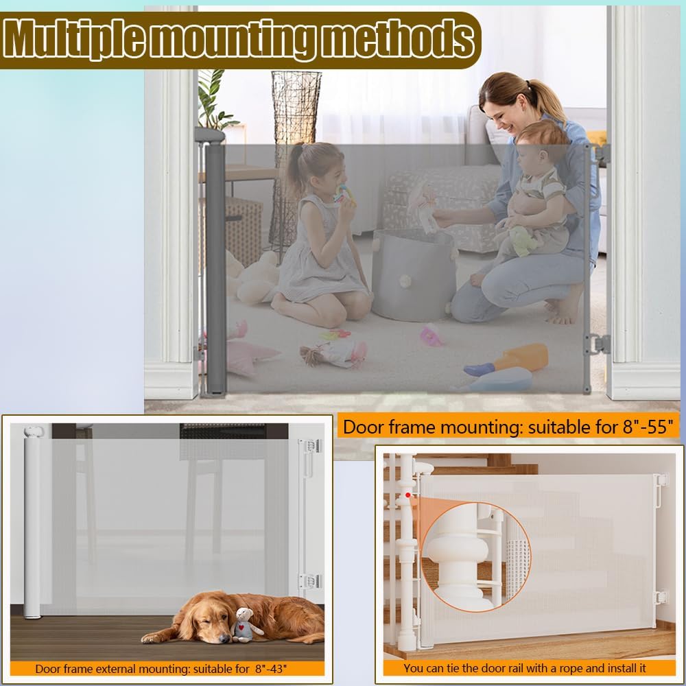 Retractable Baby Gates for Stairs Doorways Hallways, Soft Mesh Safety Retractable Dog Gate for Pet, Indoor Or Outdoor Use, Easy Installation,33.6" Tall,Expands to 55" Wide,White