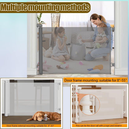 Retractable Baby Gates for Stairs Doorways Hallways, Soft Mesh Safety Retractable Dog Gate for Pet, Indoor Or Outdoor Use, Easy Installation,33.6" Tall,Expands to 55" Wide,White