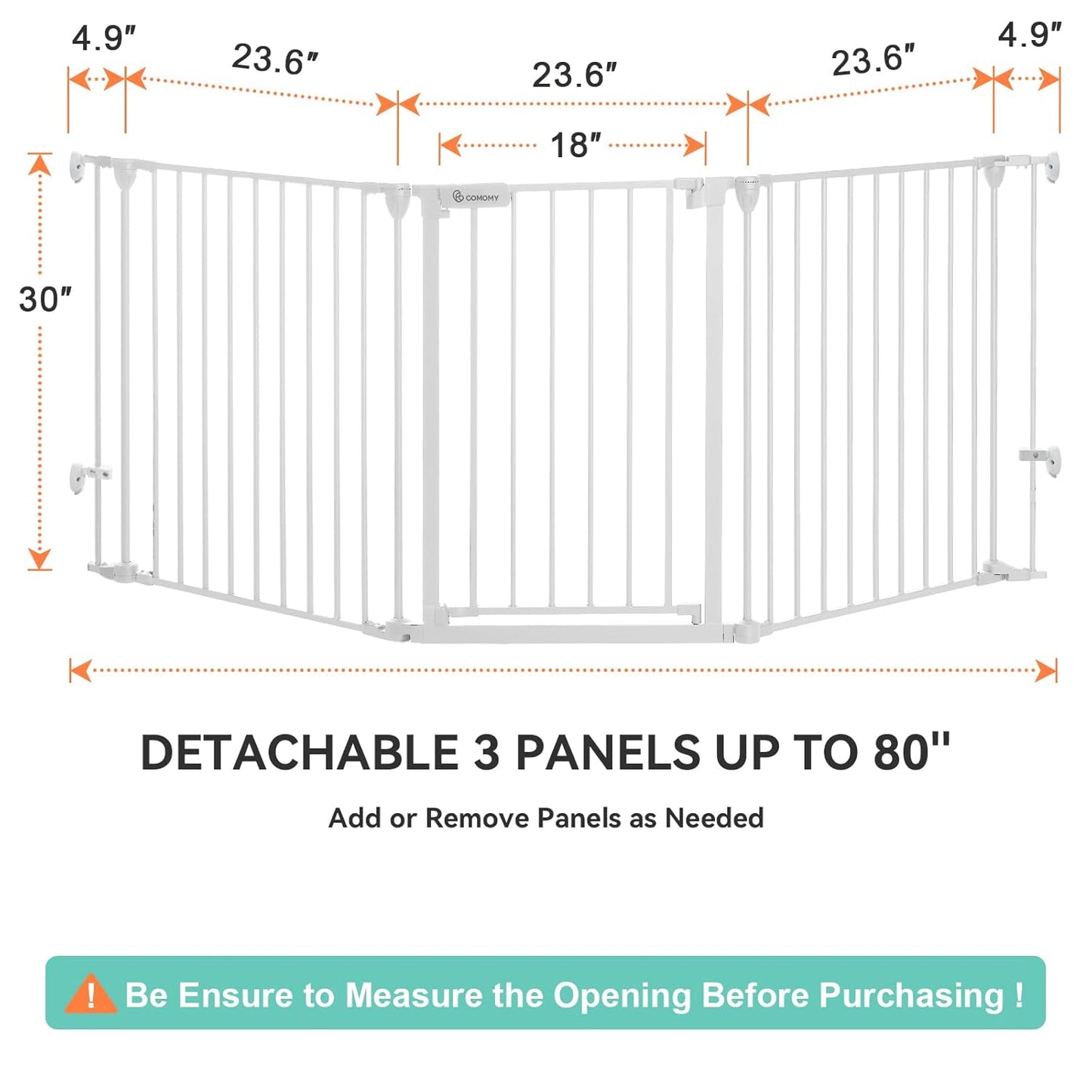 COMOMY 80" Extra Wide Baby Gate, Dog Gate for House Stairs Doorways Fireplace, Auto Close Pet Gate with Door Walk Through, 3 Metal Panels, Hardware Mounted Baby Fence Indoor Outdoor(30" Tall, Black)