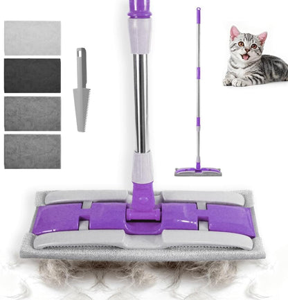 Electrostatic Dust Clip-On Mop for Pet Hair, 57" Adjustable Long Handle, 360° Rotating Head, 2 Reusable Static Cloths, 2 Microfiber Cloths & 1 Scraper, Ideal for Pet Loose Hair & Daily Dust Cleaning