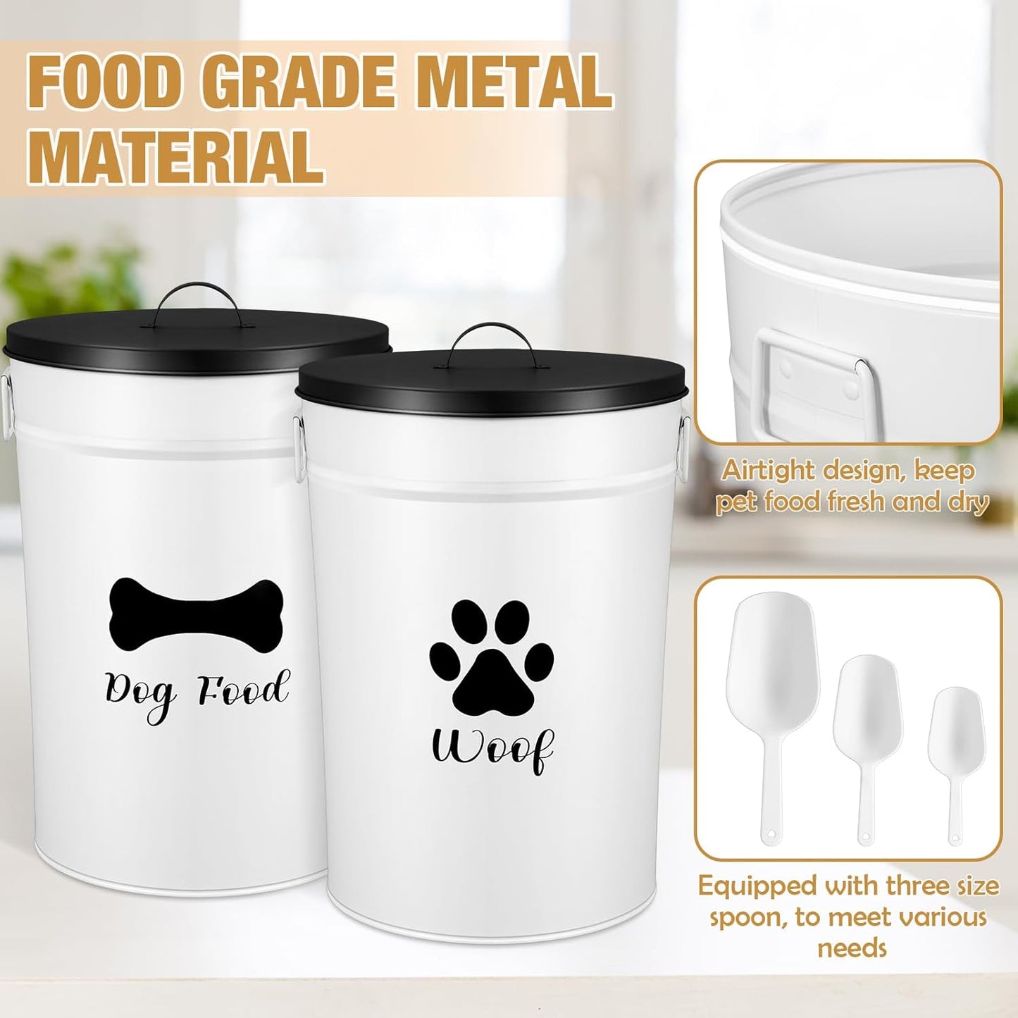 DoubleFill Extra Large 23+10 lbs Metal Dog Food Storage Containers Set of 2 Airtight Dog Treat Snack Jars with Lids and Spoon Farm House Style Big Pet Cookie Jar for Kitchen Counter Gift