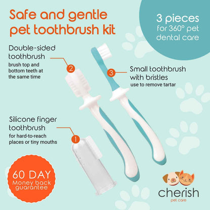 Cherish Pet Care Dog Teeth Cleaning Kit - 3pcs: Finger Toothbrush, Double-Sided Toothbrush, Fresh Breath & Plaque Removal