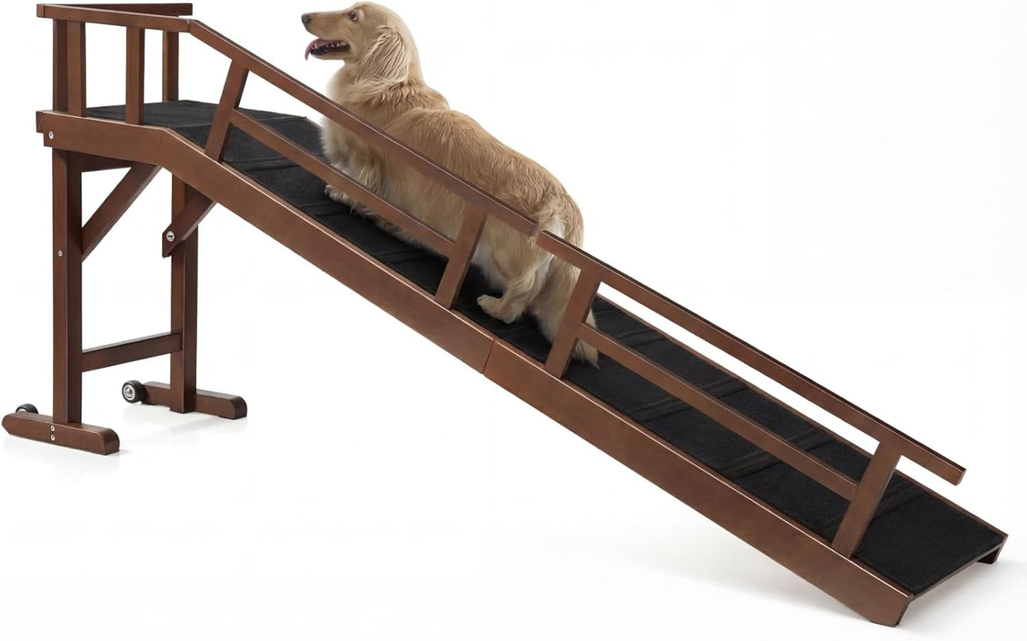 Dog Ramp for Bed or Couch, Wooden Pet Ramp with 20° Gentle Slope, Removable Side Rails, Non-Slip Surface, Top Platform & Wheels, Safe Bed Ramp for Small, Large & Senior Dogs, 60" Long, Mahogany