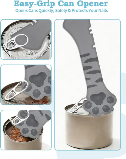 6 PCS Cat Food Can Covers Set, Reusable Silicone Can Lids with Opener, Stainless Steel Wet Food Spoon & Cat Treat Squeezer for Pet Feeding and Storage, Fits Cats & Dogs
