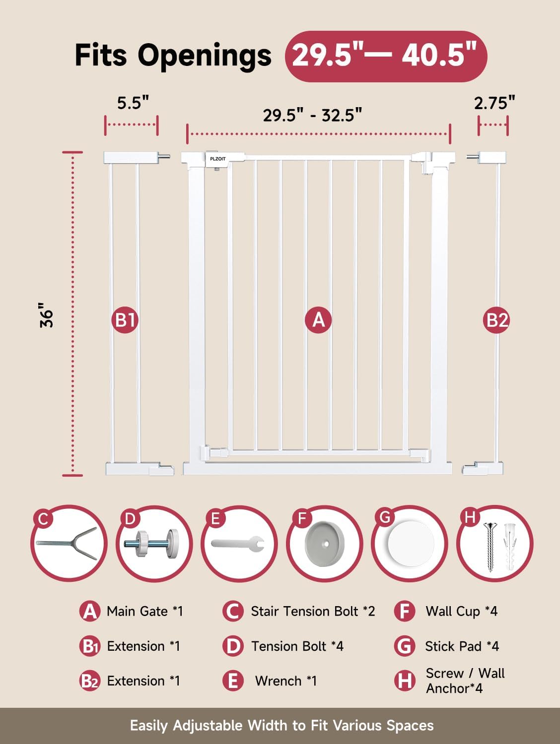29.5-40.5" Baby Gate for Stairs, Dog Gate for Doorways, Walk Thru Auto Close Metal Baby Safety Gate for The House, Stairs and Doorways, Child Gate Pressure Mounted, Pet Gate for Dog Indoor - Black