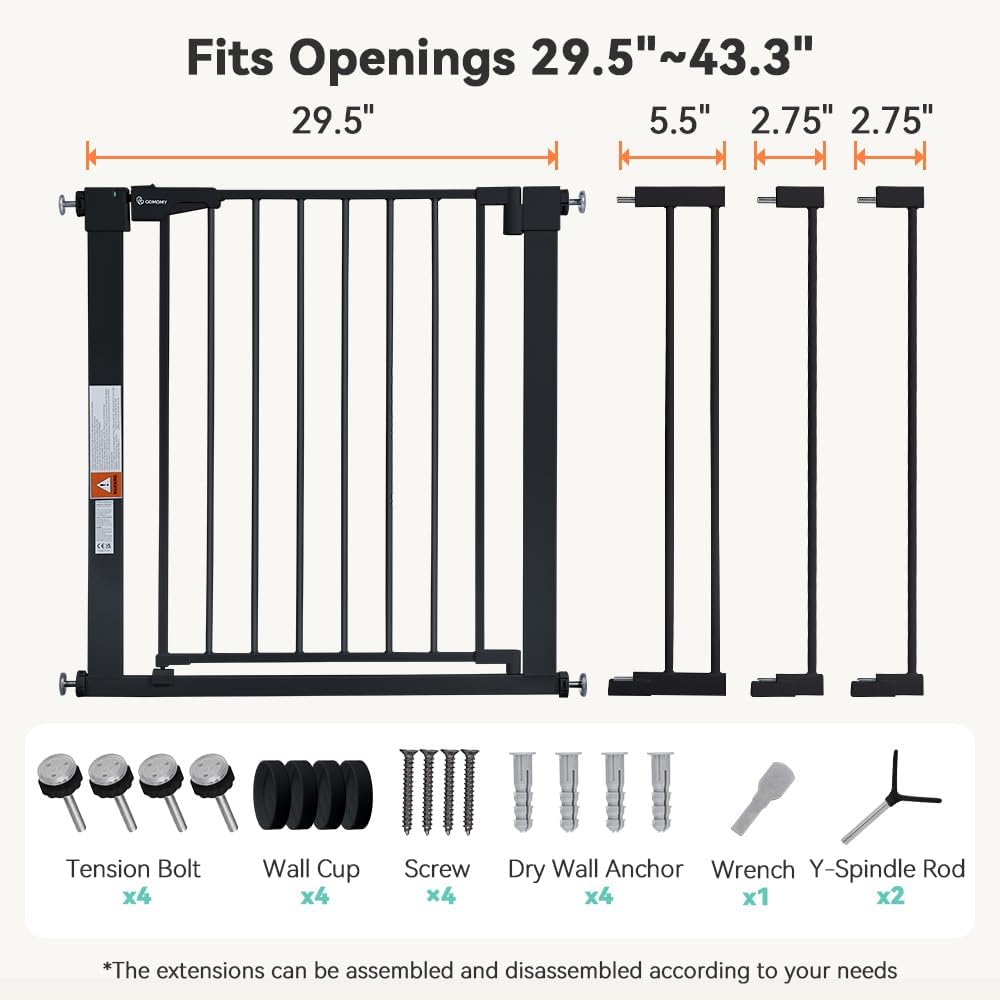 COMOMY 29.5-43.3" Safety Baby Gate Extra Wide, Auto Close Dog Gate for House Doorways Stairs, Pressure Mounted Easy Walk Through Pet Gate Child Gate, Includes 2.75" and 8.25" Extension, Black