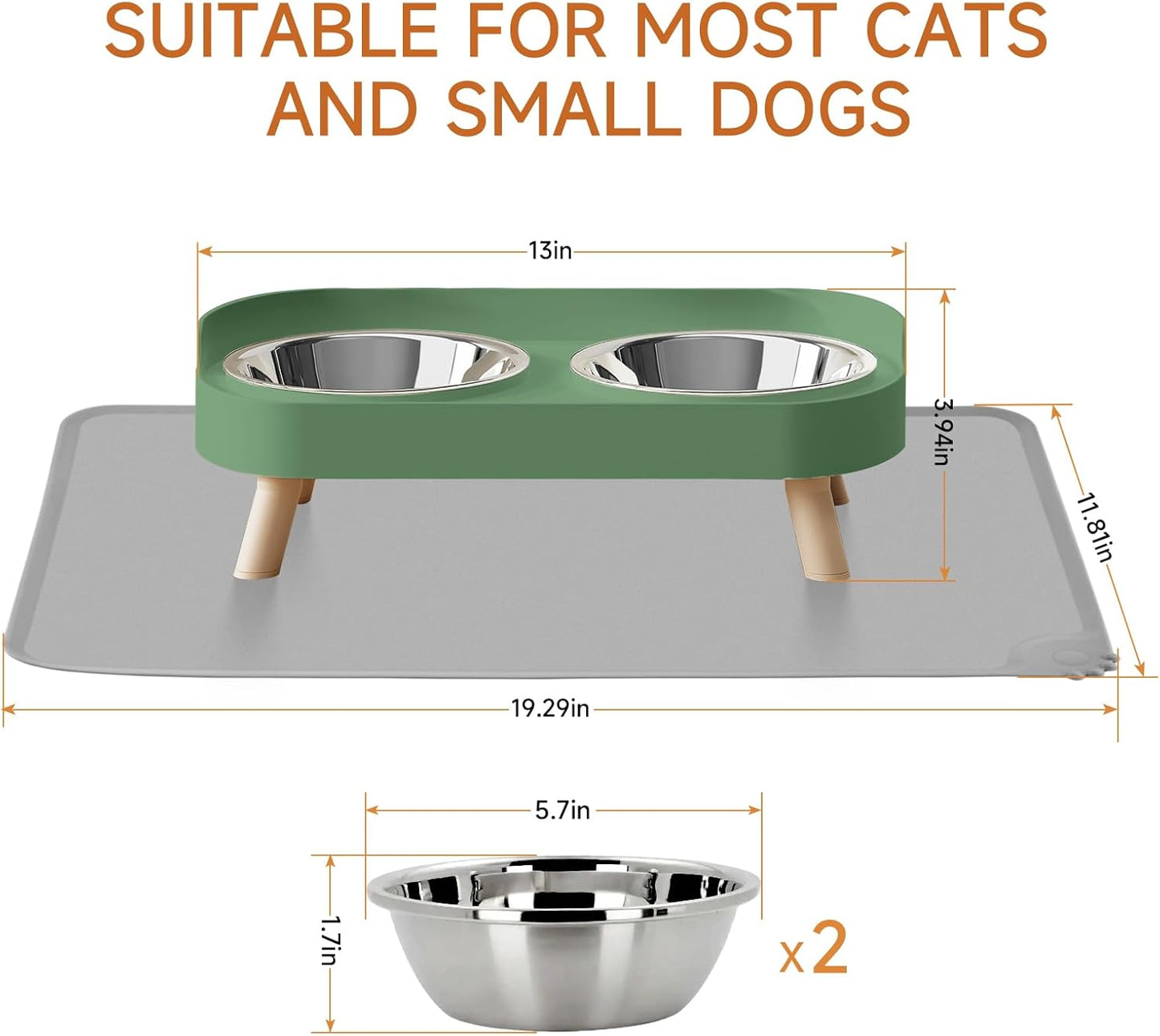 Elevated Cat Bowl, Raised Cat Food and Water Bowl Set for Indoor Cats, Splash Proof with 2 Stainless Steel Pet Food Bowls for Cats and Puppies, Whisker Fatigue and Dishwasher Safe - White
