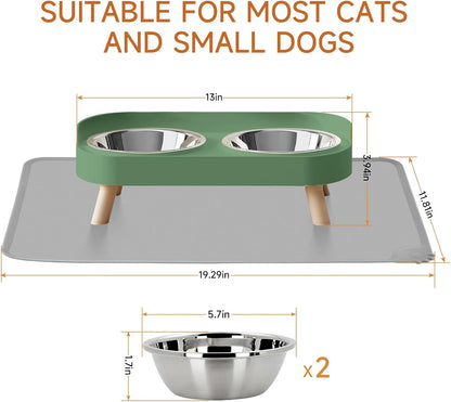 Elevated Cat Bowl, Raised Cat Food and Water Bowl Set for Indoor Cats, Splash Proof with 2 Stainless Steel Pet Food Bowls for Cats and Puppies, Whisker Fatigue and Dishwasher Safe - White