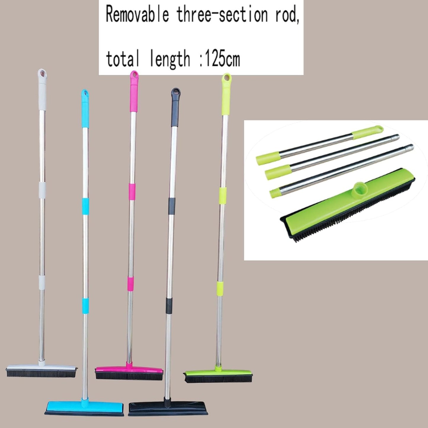 Pet Hair Rubber Broom, Rubber Broom for Pet Hair On Carpet, Pets Hairs Removal Broom with 49" Adjustable Handle, Soft Push Broom with Squeegee for Carpet, Hardwood Floor, Tile (E)