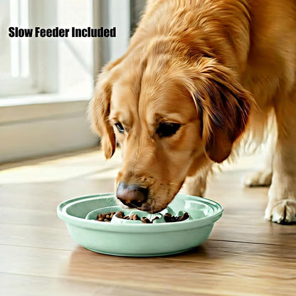 Elevated Dog Bowl Stand with 3 Large Ceramic Bowls – Raised Feeding Station for Medium & Large Dogs, Includes 2 Standard Bowls + 1 Slow Feeder, Durable Iron Frame, Non-Slip (White)