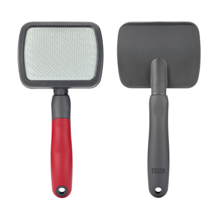 KONG Double-Sided Rake & Deshedding Tool – Detangling & Shedding Control, Rounded Metal Tips, Non-Slip Grip, for Medium to Large Dogs with Medium to Long Coats, Red/Gray