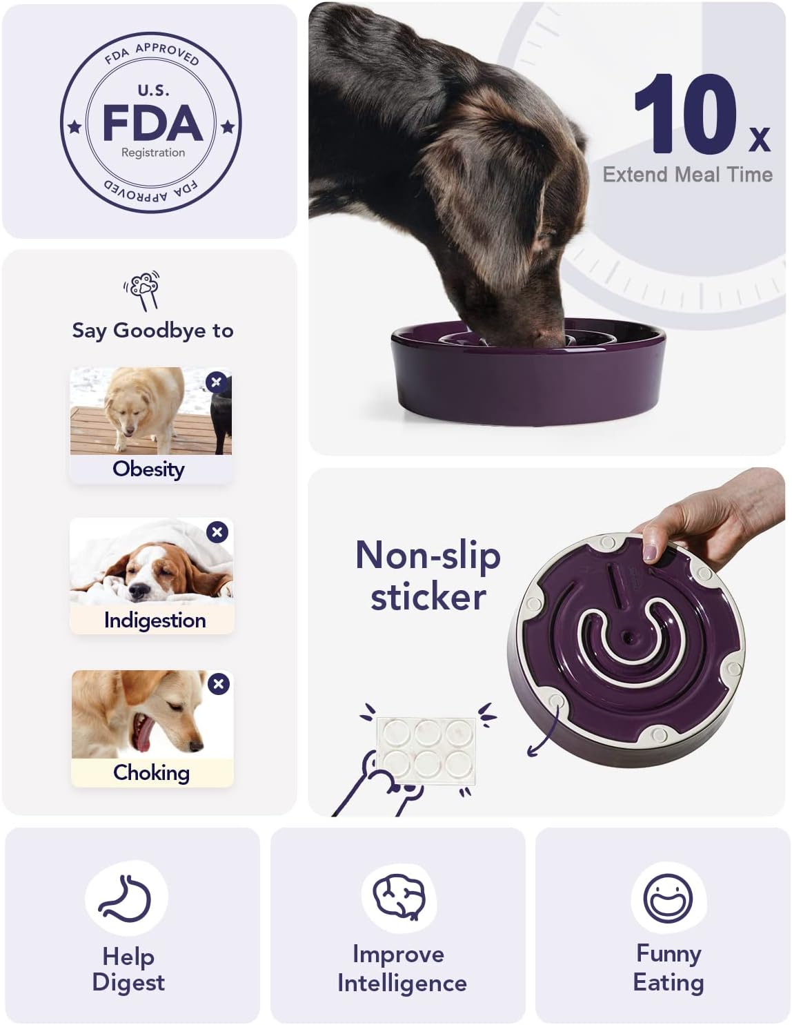 LE TAUCI Dog Bowls Slow Feeder Ceramic, 1.5 Cup Slow Feeding Bowl for Small and Medium Breed, Puzzle Dog Food Bowl for Fast Eater, Maze Purple