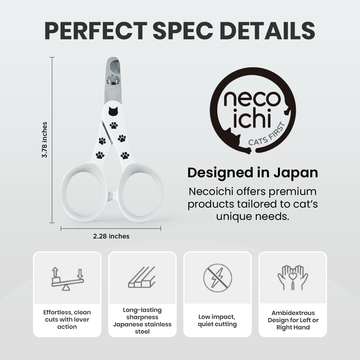 Necoichi Purrcision Feline Nail Clipper | Lever Principle Cat Nail Clipper | Butter-Smooth Cuts | Made in Japan, Seki Swordsmith Craftsman | Stainless Steel Cat Claw Trimmer for Indoor Cats (White)
