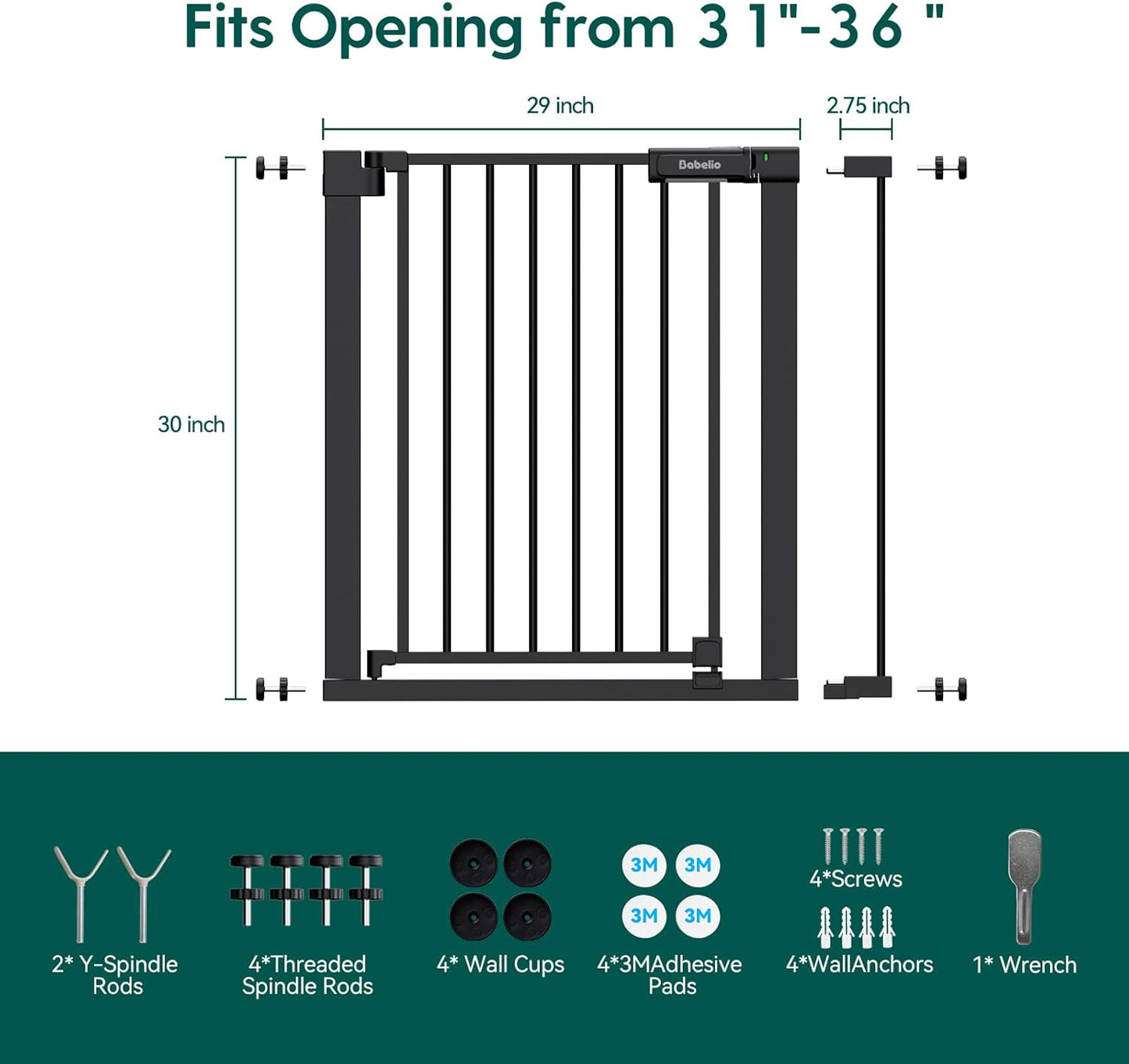 Babelio Baby Gate for Doorways and Stairs, 36-41" Pet Gate with Wide Walk Thru Door and Lock Indicator, No Drill Pressure Mounted Safety Gate with Double Lock and Self-Closing, Black